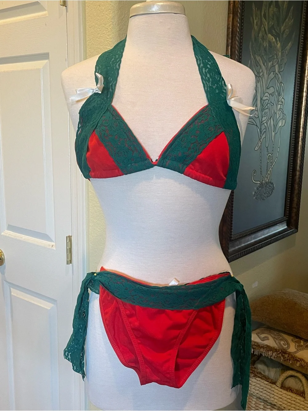 Red & Green Lace Halter Bikini Set - Women Intimates & Sleepwear